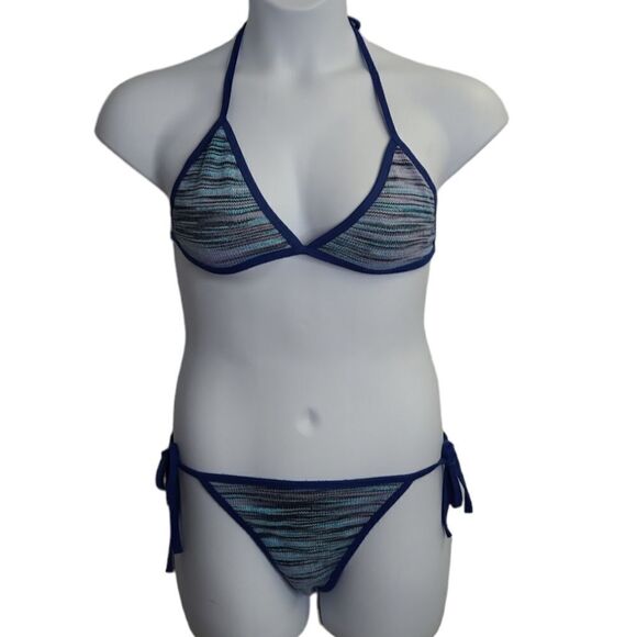 VINTAGE 70s blue knit two‎ piece triangle string halter top bikini swimsuit S - Picture 1 of 12
